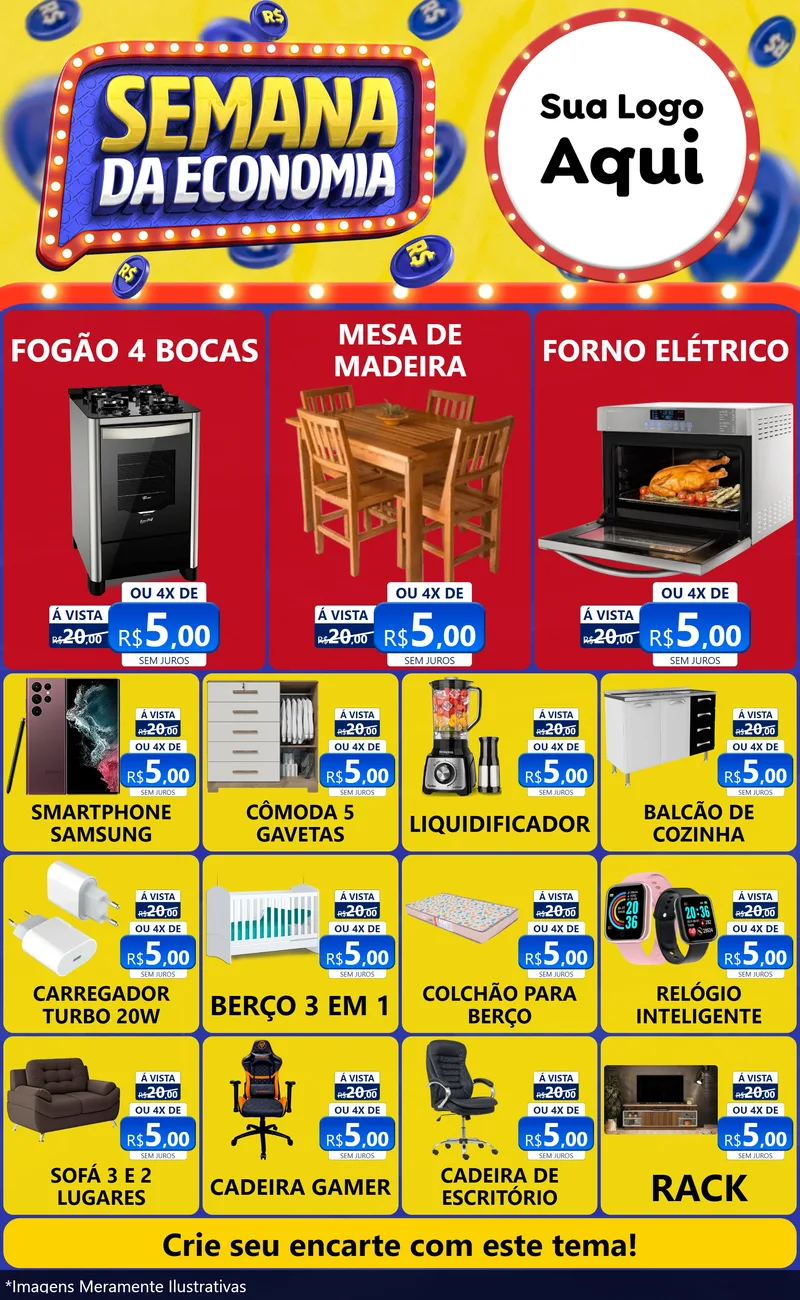 Modelo de Encarte para Encarte Grande com o tema Semana da Economia para Móveis e Eletro