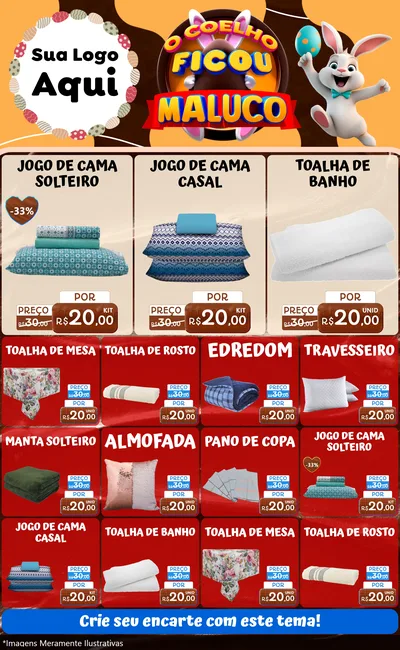 Modelo de Encarte para Encarte Grande com o tema O Coelho Ficou Maluco - Páscoa para Cama, Mesa e Banho