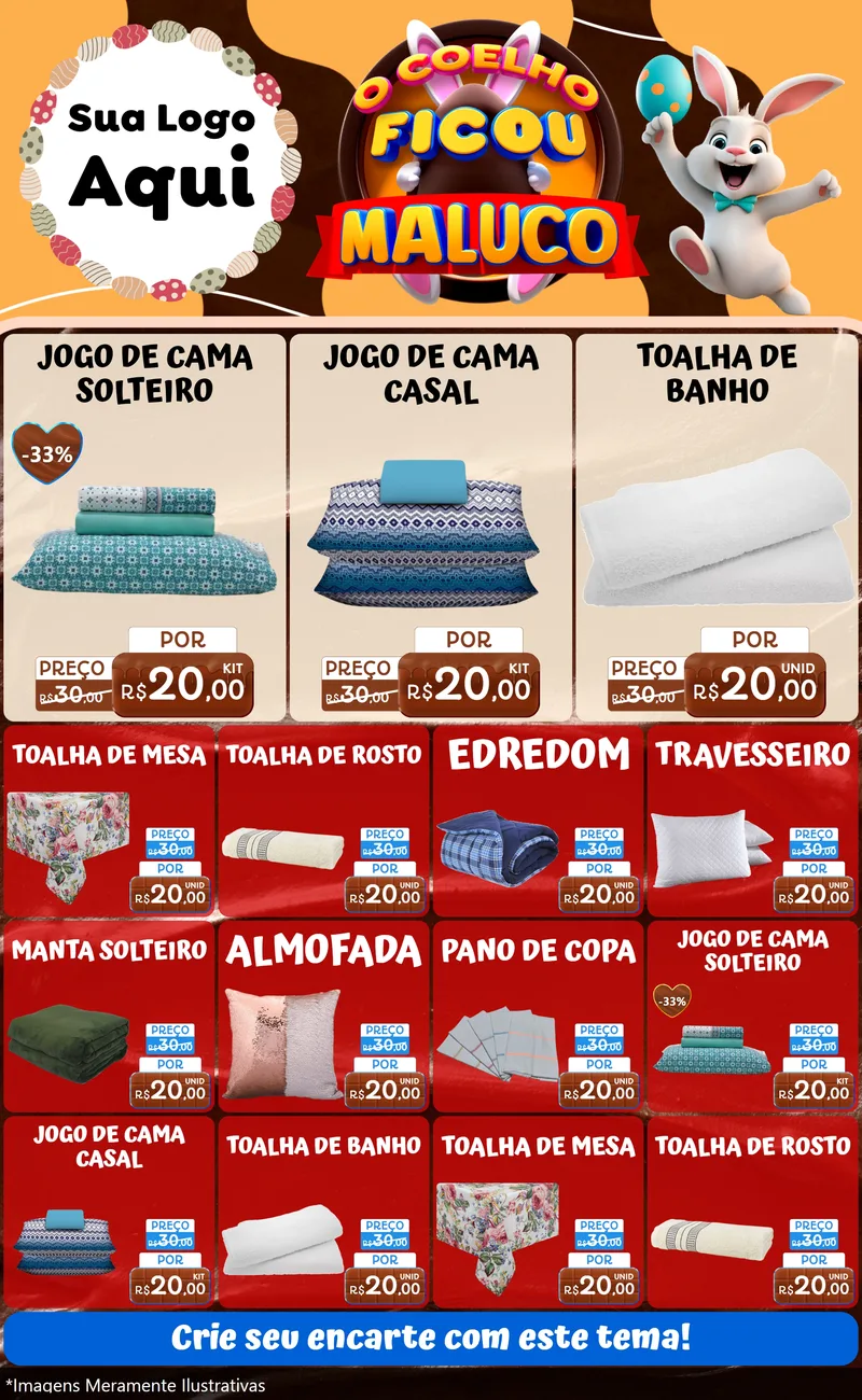 Modelo de Encarte para Encarte Grande com o tema O Coelho Ficou Maluco - Páscoa para Cama, Mesa e Banho