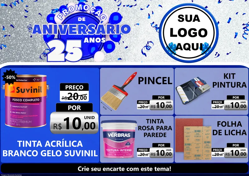 Modelo de Encarte para Encarte A4 Horizontal com o tema Promoção de Aniversário - 25 Anos para Tintas e Ferramentas