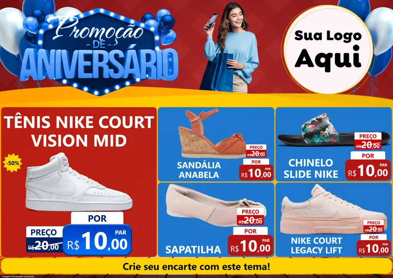 Modelo de Encarte para Encarte A4 Horizontal com o tema Promoção de Aniversário para Calçados