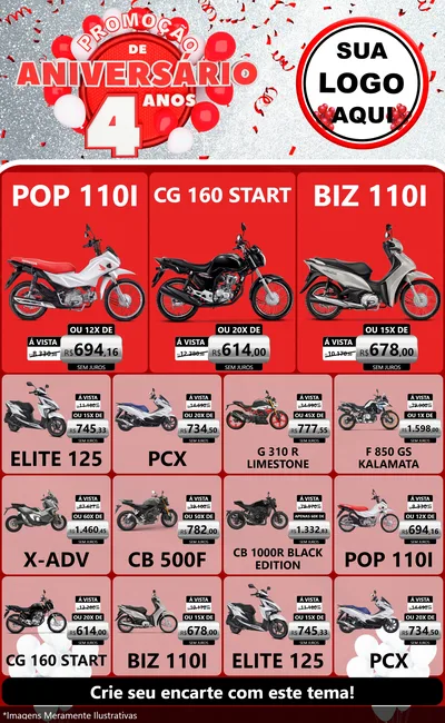 Modelo de Encarte para Encarte Grande com o tema Promoção de Aniversário - 4 Anos para Concessionaria de Motos