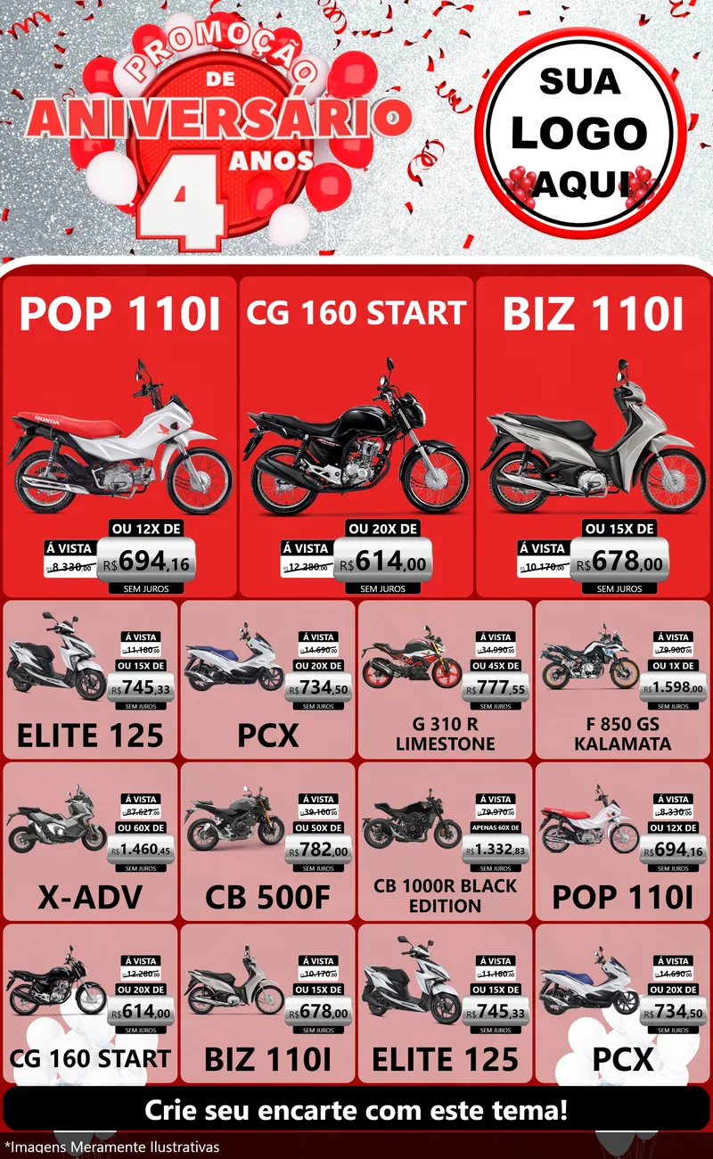 Modelo de Encarte para Encarte Grande com o tema Promoção de Aniversário - 4 Anos para Concessionaria de Motos