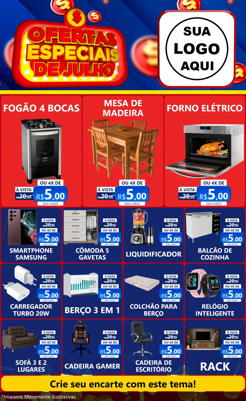 Modelo de Encarte para Encarte Grande com o tema Ofertas Especiais de Julho para Móveis e Eletro