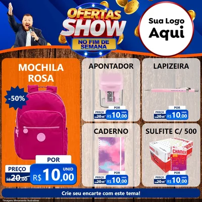 Modelo de Rede Social para Feed Facebook com o tema Ofertas Show No Fim De Semana para Papelaria