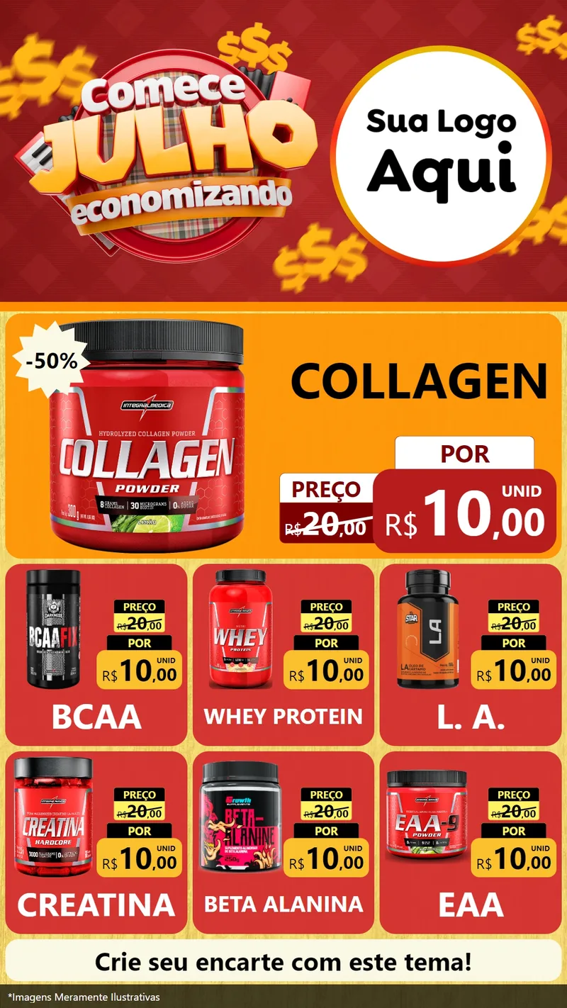 Modelo de Rede Social para Stories com o tema Comece Julho Economizando para Suplementos alimentares