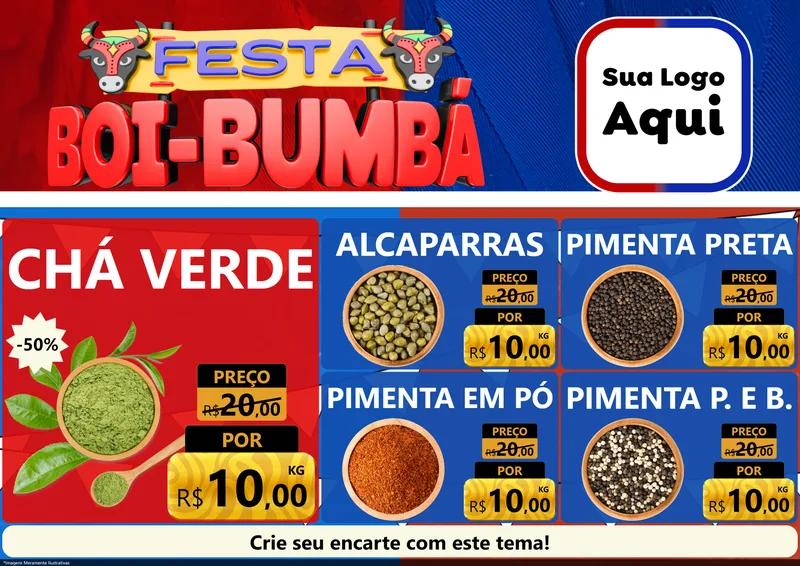 Modelo de Encarte para Encarte A4 Horizontal com o tema Festa Boi Bumbá para Produtos Naturais