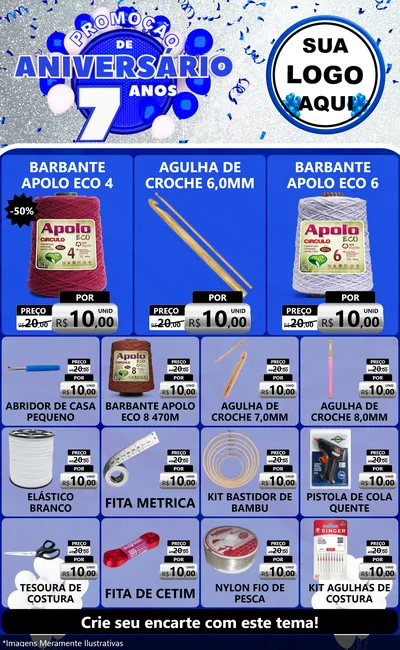 Modelo de Encarte para Encarte Grande com o tema Promoção de Aniversário - 7 Anos para Armarinho e Aviamentos