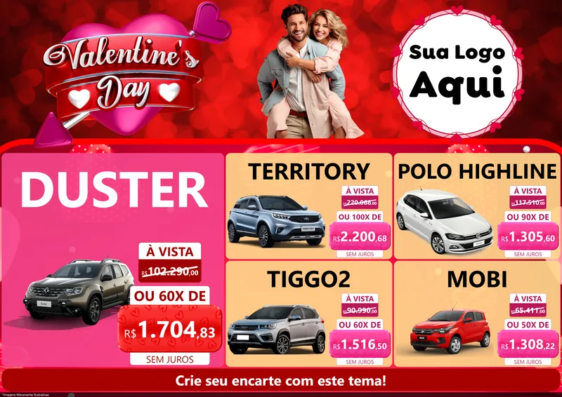 Modelo de Encarte para Encarte A4 Horizontal com o tema Valentine's Day para Concessionaria de Carros