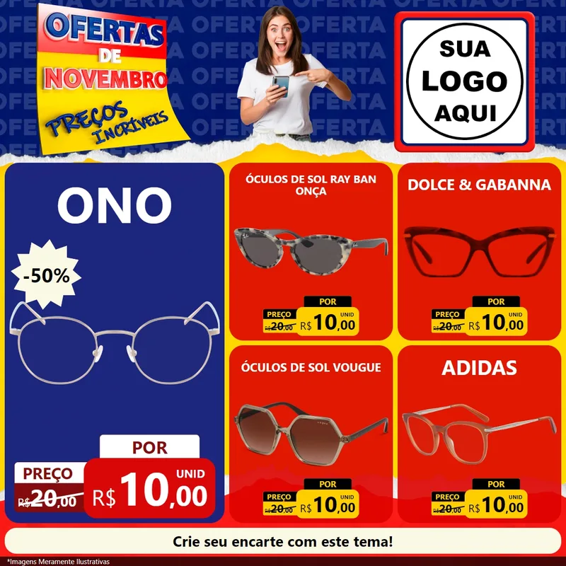 Modelo de Rede Social para Feed Facebook com o tema Ofertas de Novembro - Preços Incríveis para Óticas