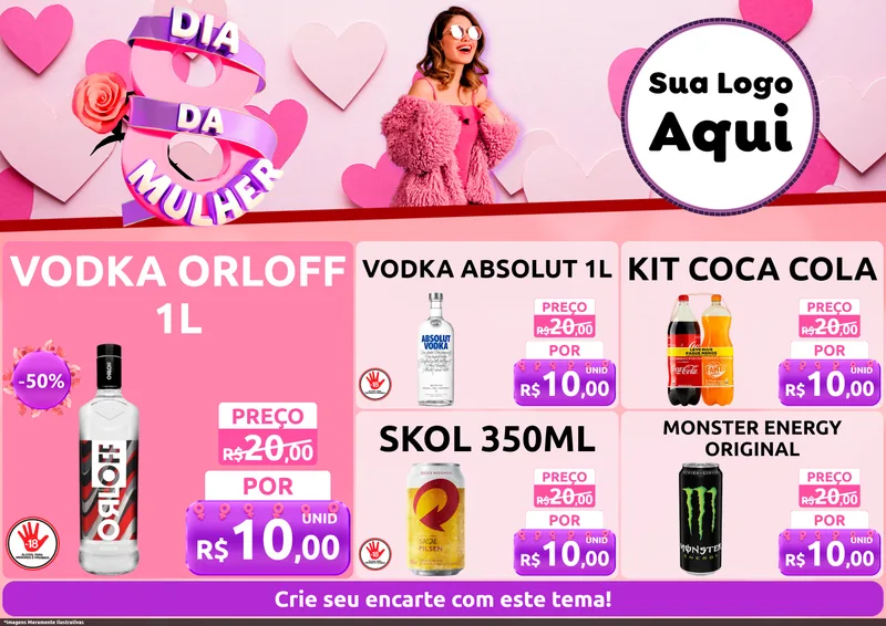 Modelo de Encarte para Encarte A4 Horizontal com o tema Dia da Mulher para Distribuidora de bebidas