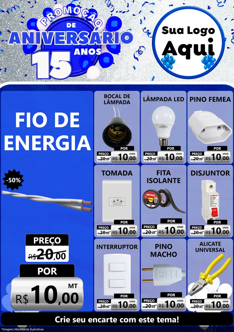 Modelo de Encarte para Encarte A4 Vertical com o tema Promoção de Aniversário - 15 Anos para Materiais Elétricos