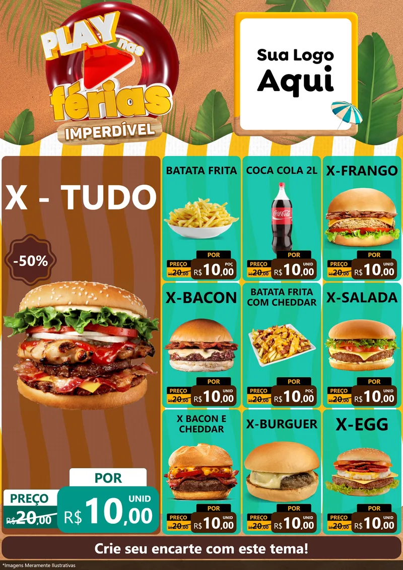 Modelo de Encarte para Encarte A4 Vertical com o tema Play Nas Férias Imperdível para Hamburgueria