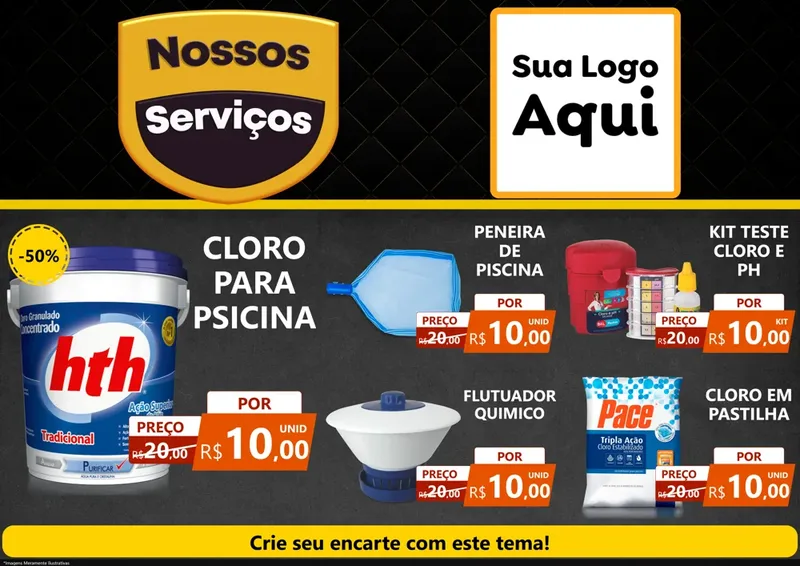 Modelo de Encarte para Encarte A4 Horizontal com o tema Nossos Serviços para Produtos para Piscina