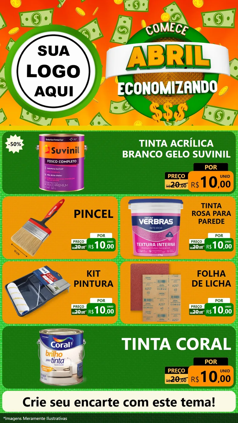 Modelo de TV para TV Vertical com o tema Comece Abril Economizando para Tintas e Ferramentas
