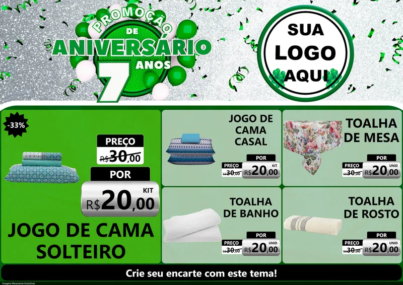 Modelo de Encarte para Encarte A4 Horizontal com o tema Promoção de Aniversário - 7 Anos para Cama, Mesa e Banho