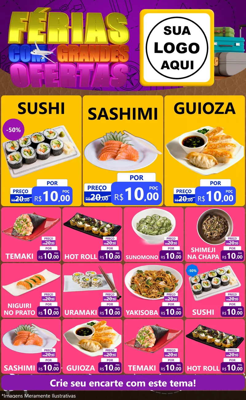 Modelo de Encarte para Encarte Grande com o tema Férias com Grandes Ofertas para Comida japonesa