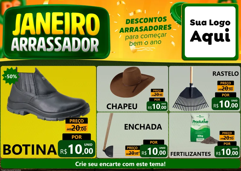 Modelo de Encarte para Encarte A4 Horizontal com o tema Janeiro Arrasador para Agropecuária