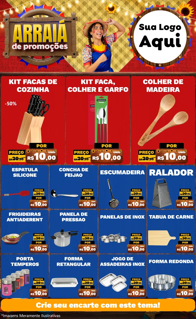 Modelo de Encarte para Encarte Grande com o tema Arraiá de Promoções para Utilidades Domésticas
