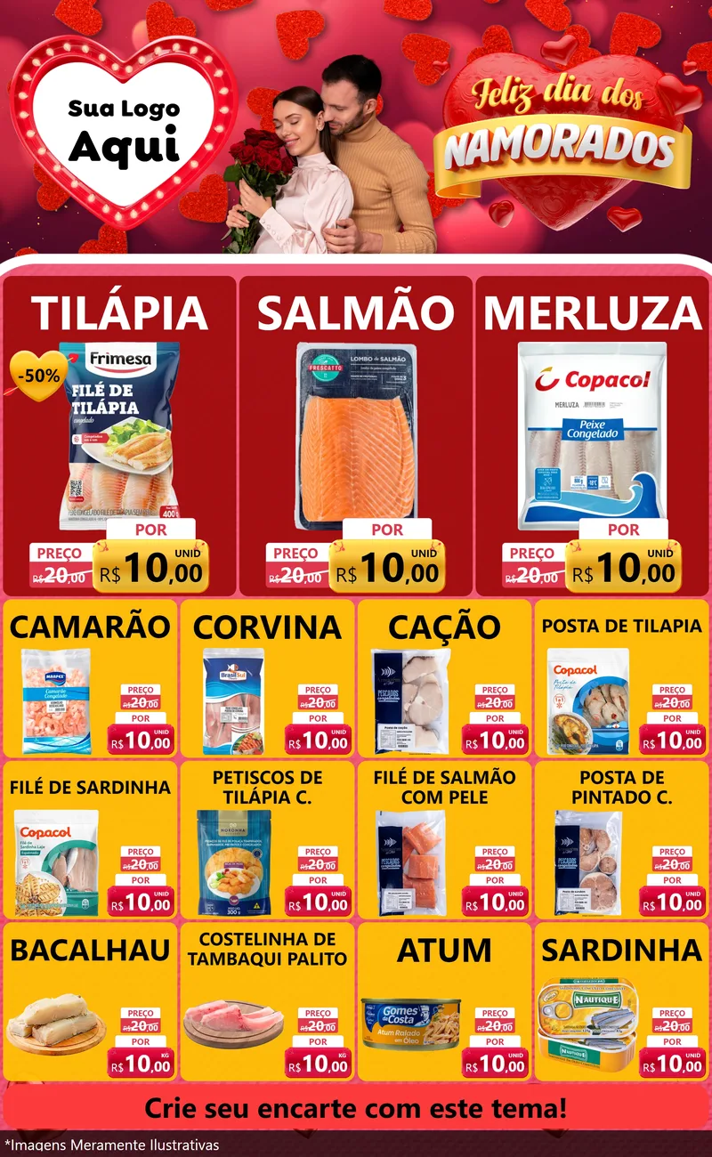 Modelo de Encarte para Encarte Grande com o tema Feliz Dia Dos Namorados para Peixaria