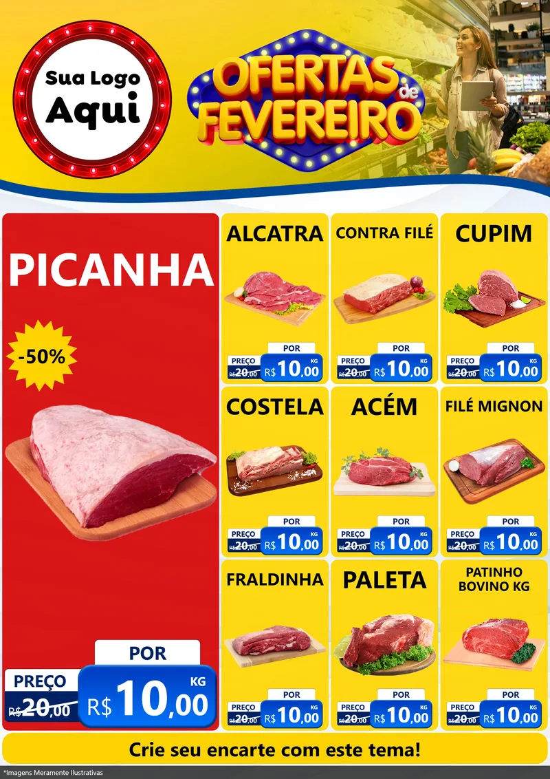 Modelo de Encarte para Encarte A4 Vertical com o tema Ofertas de Fevereiro para Açougue