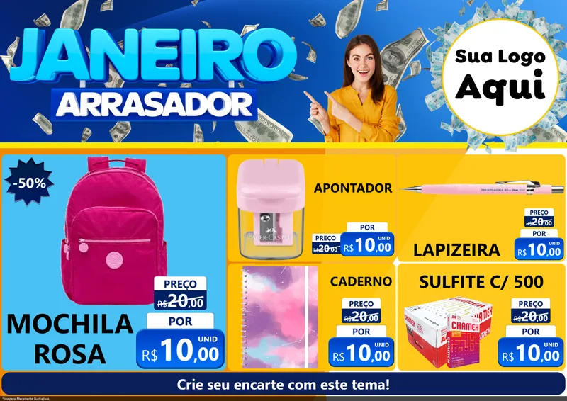 Modelo de Encarte para Encarte A4 Horizontal com o tema Janeiro Arrasador para Papelaria