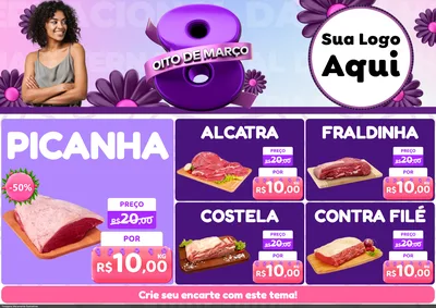 Modelo de Encarte para Encarte A4 Horizontal com o tema Oito de Março - Dia da Mulher para Açougue