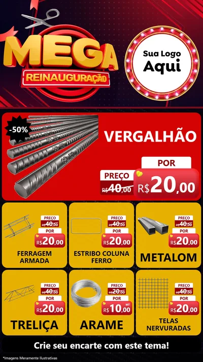 Modelo de Rede Social para Stories com o tema Mega Reinauguração para Ferragens