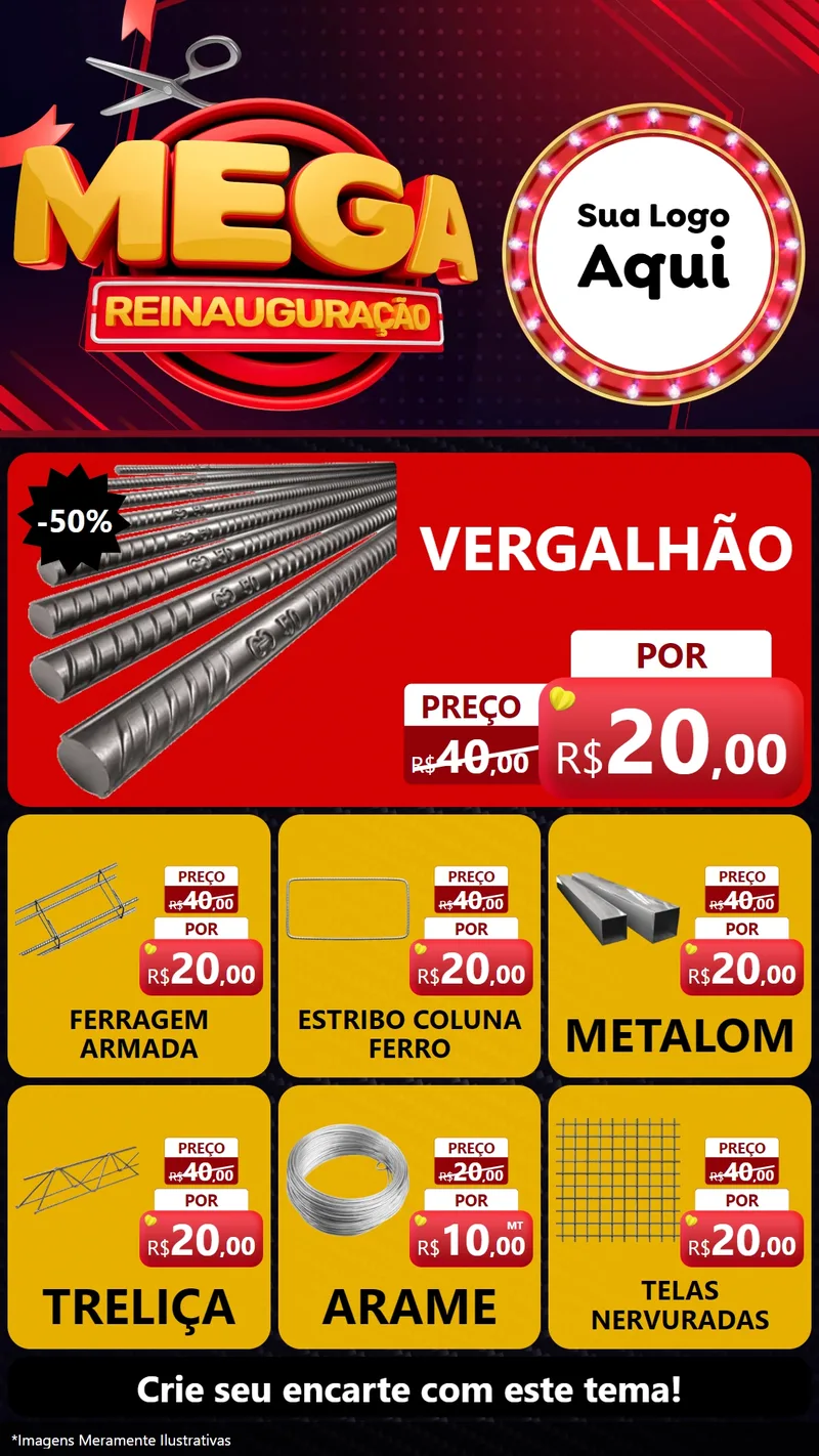 Modelo de Rede Social para Stories com o tema Mega Reinauguração para Ferragens