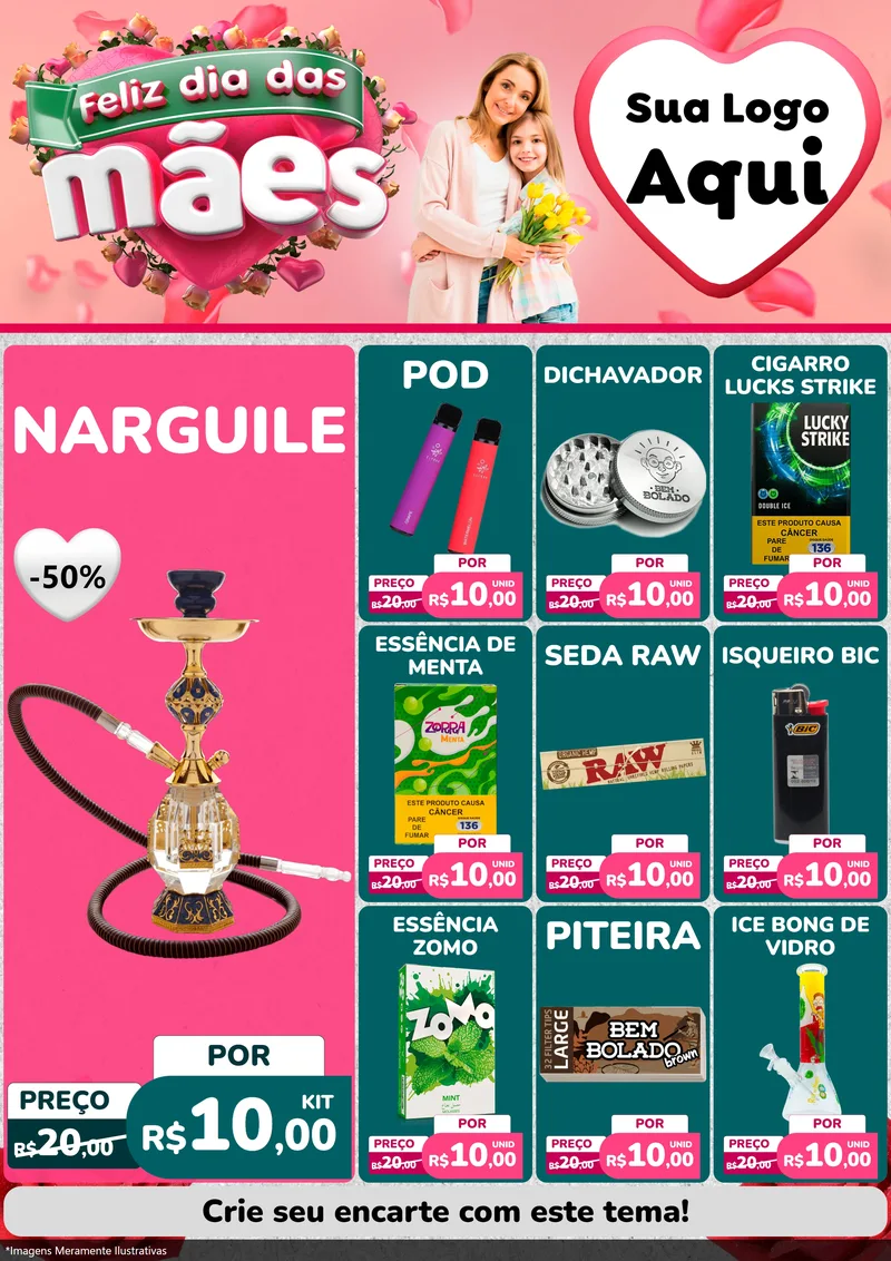 Modelo de Encarte para Encarte A4 Vertical com o tema Feliz Dia das Mães para Tabacaria