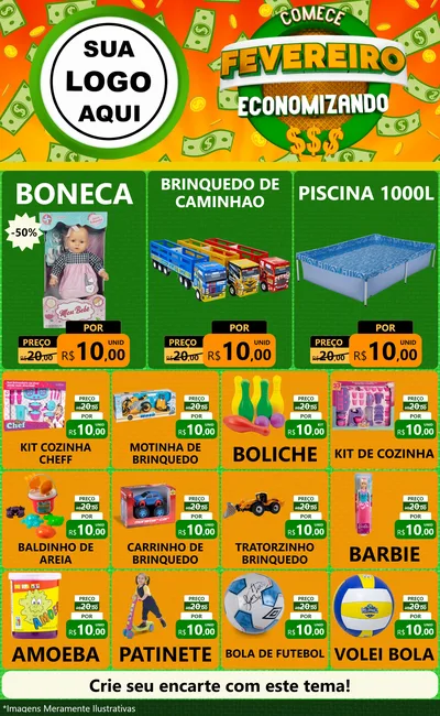 Modelo de Encarte para Encarte Grande com o tema Comece Fevereiro Economizando para Brinquedos
