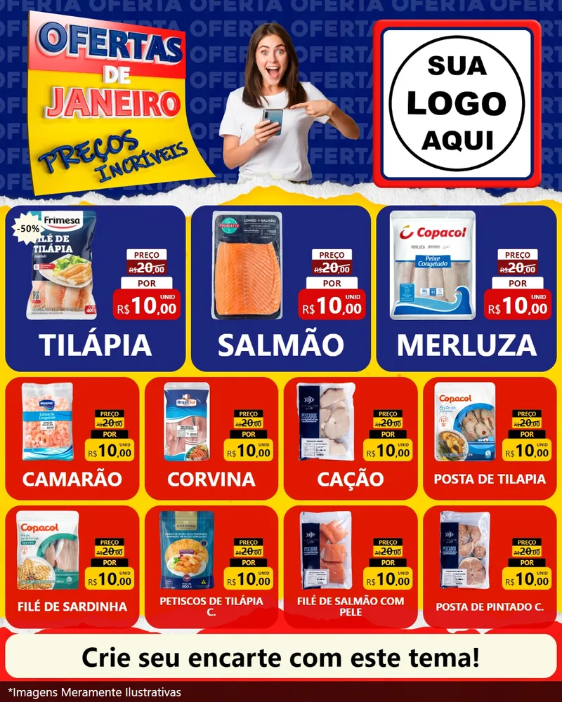 Modelo de Rede Social para Feed Instagram com o tema Ofertas de Janeiro - Preços Incríveis para Peixaria