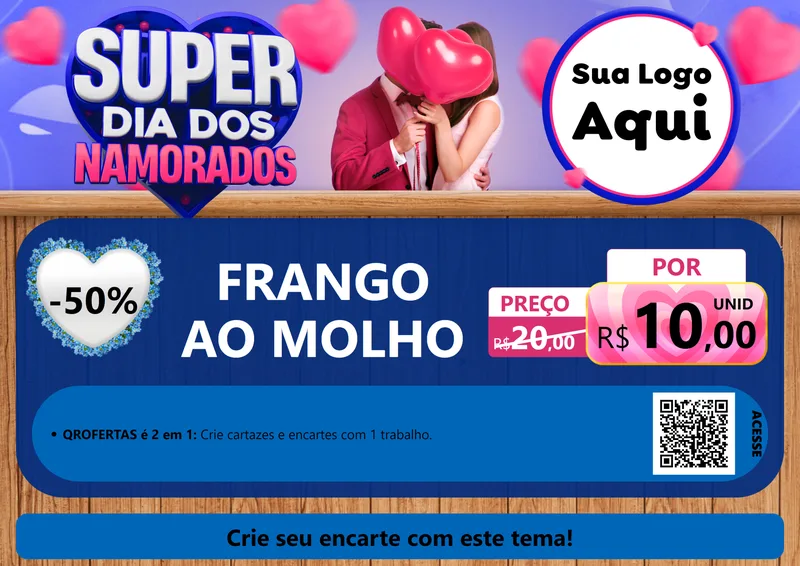 Modelo de Cartaz para Cartaz A4 Horizontal com o tema Super Dia dos Namorados para Restaurante