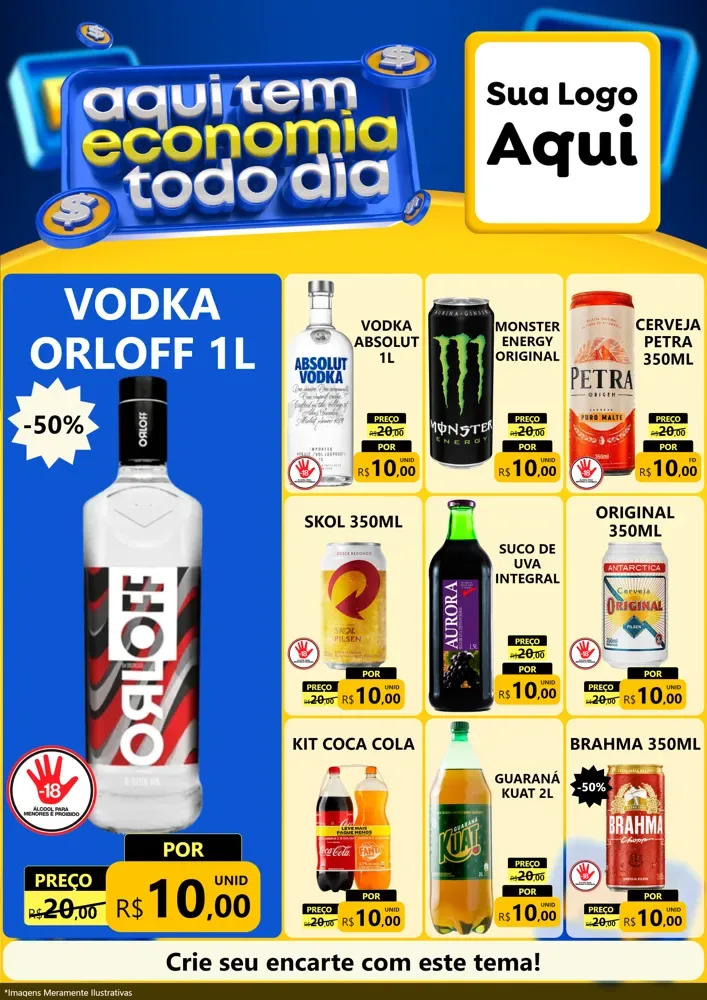 Modelo de Encarte para Encarte A4 Vertical com o tema Aqui Tem Economia Todo Dia para Distribuidora de bebidas