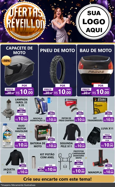 Modelo de Encarte para Encarte Grande com o tema Ofertas de Réveillon para Moto peças