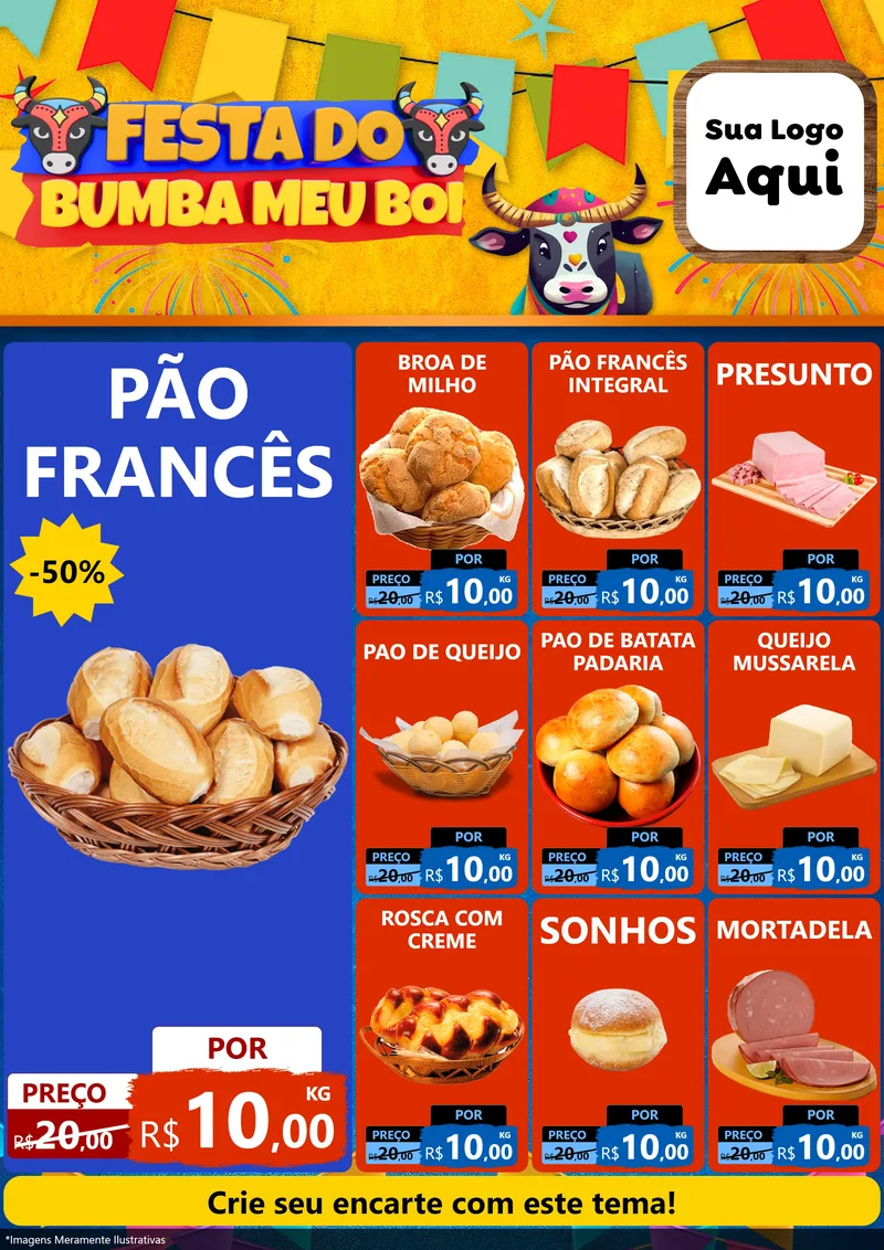 Modelo de Encarte para Encarte A4 Vertical com o tema Festa do Bumba Meu Boi para Padaria