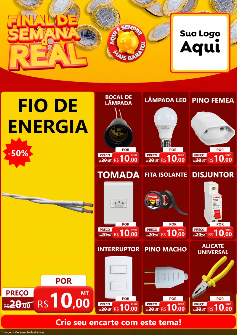 Modelo de Encarte para Encarte A4 Vertical com o tema Final de Semana do Real para Materiais Elétricos