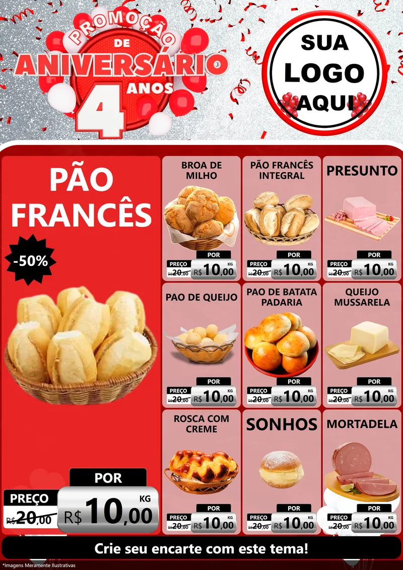Modelo de Encarte para Encarte A4 Vertical com o tema Promoção de Aniversário - 4 Anos para Padaria