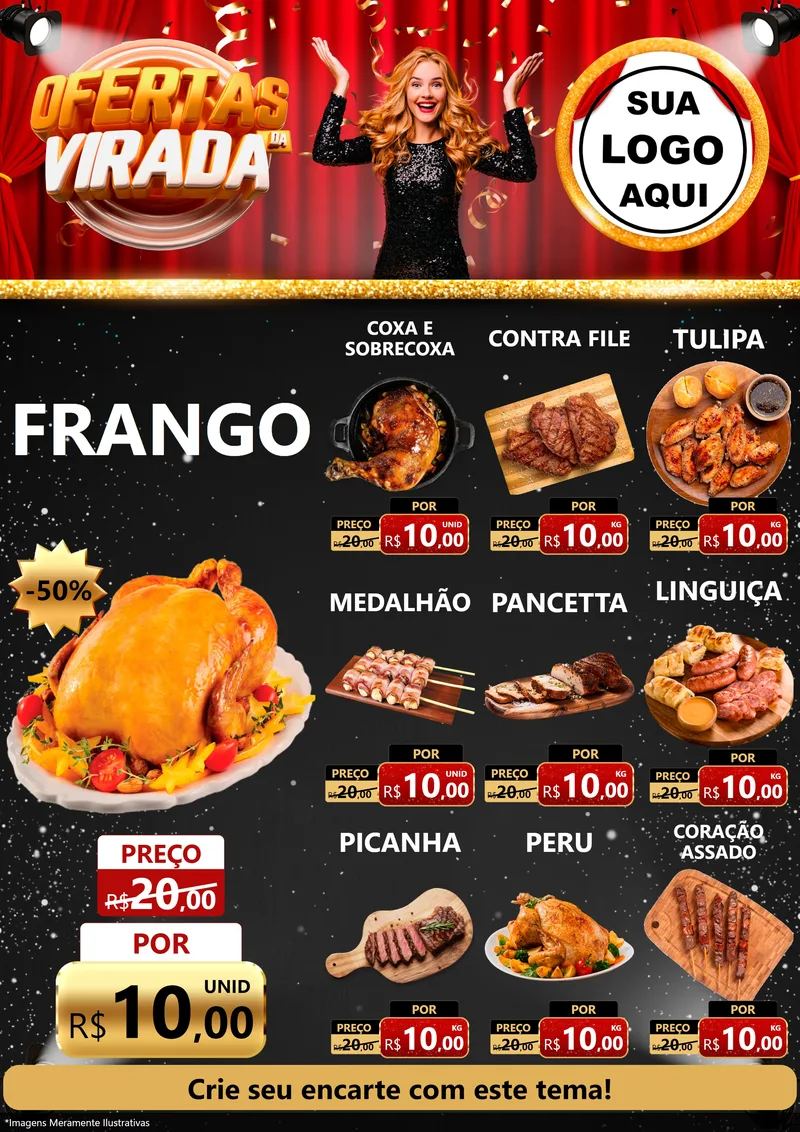 Modelo de Encarte para Encarte A4 Vertical com o tema Ofertas da Virada para Assados