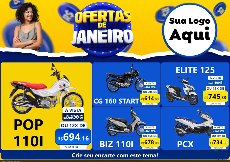 Modelo de Encarte para Encarte A4 Horizontal com o tema Ofertas de Janeiro para Concessionaria de Motos