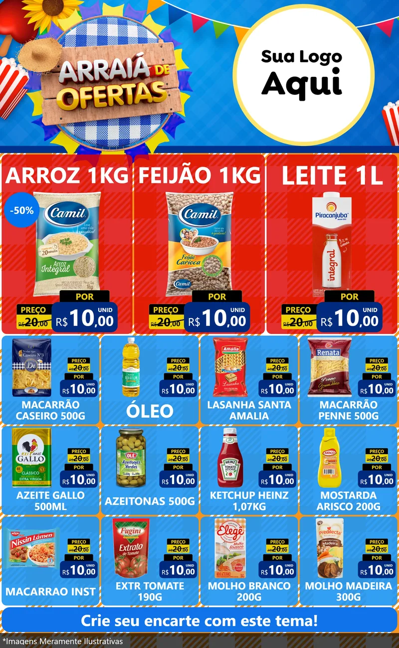 Modelo de Encarte para Encarte Grande com o tema Arraiá de Ofertas para Supermercado