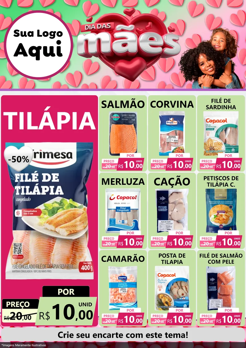 Modelo de Encarte para Encarte A4 Vertical com o tema Dia das Mães para Peixaria