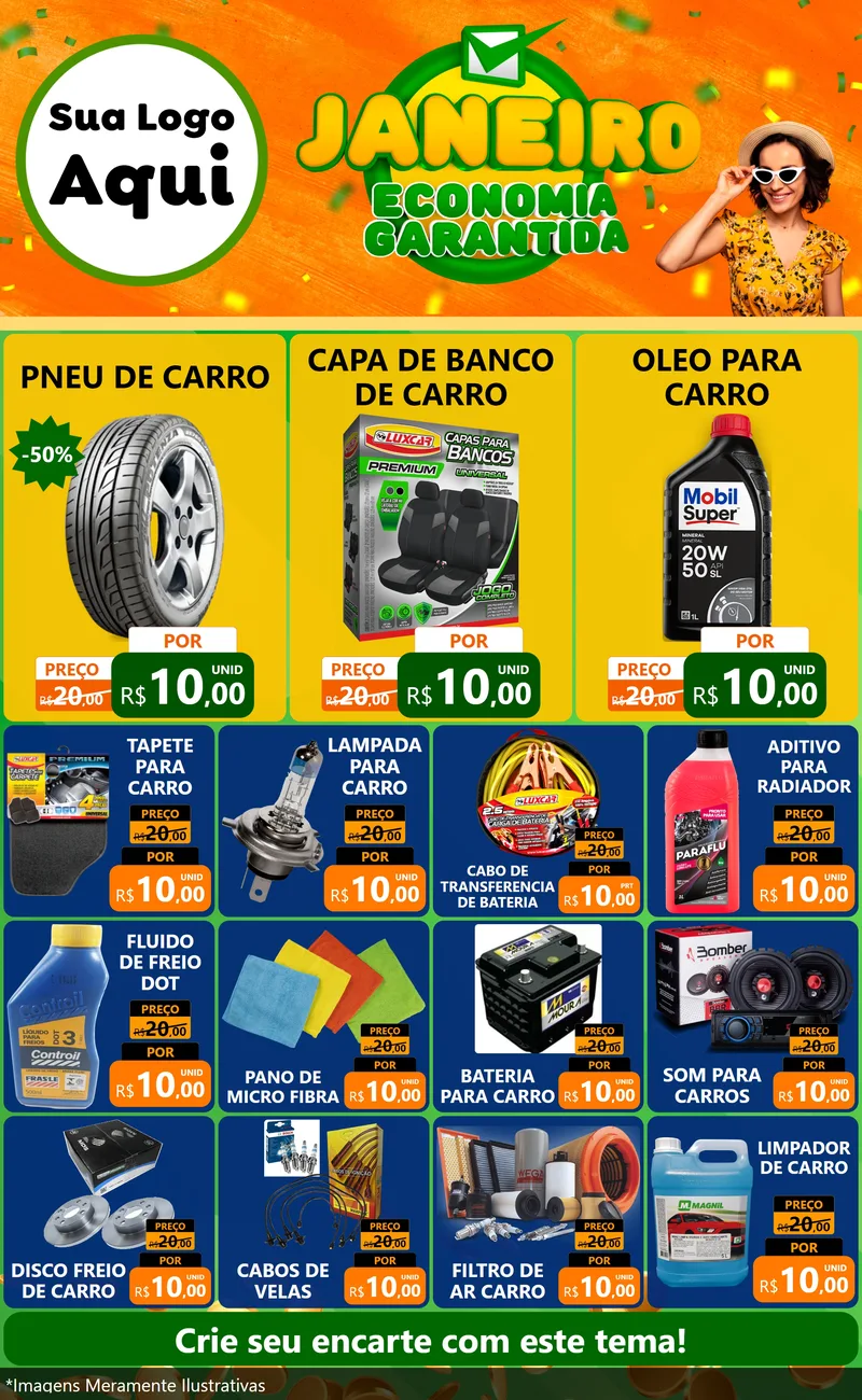 Modelo de Encarte para Encarte Grande com o tema Janeiro - Economia Garantida para Auto peças