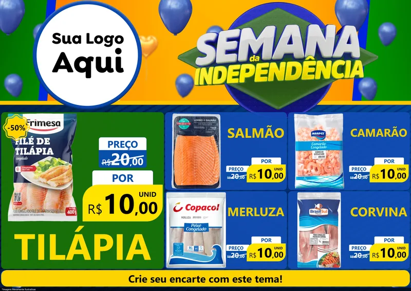 Modelo de Encarte para Encarte A4 Horizontal com o tema Semana da Independência para Peixaria