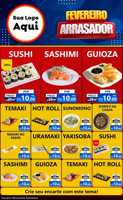 Modelo de Encarte para Encarte Grande com o tema Fevereiro Arrasador para Comida japonesa