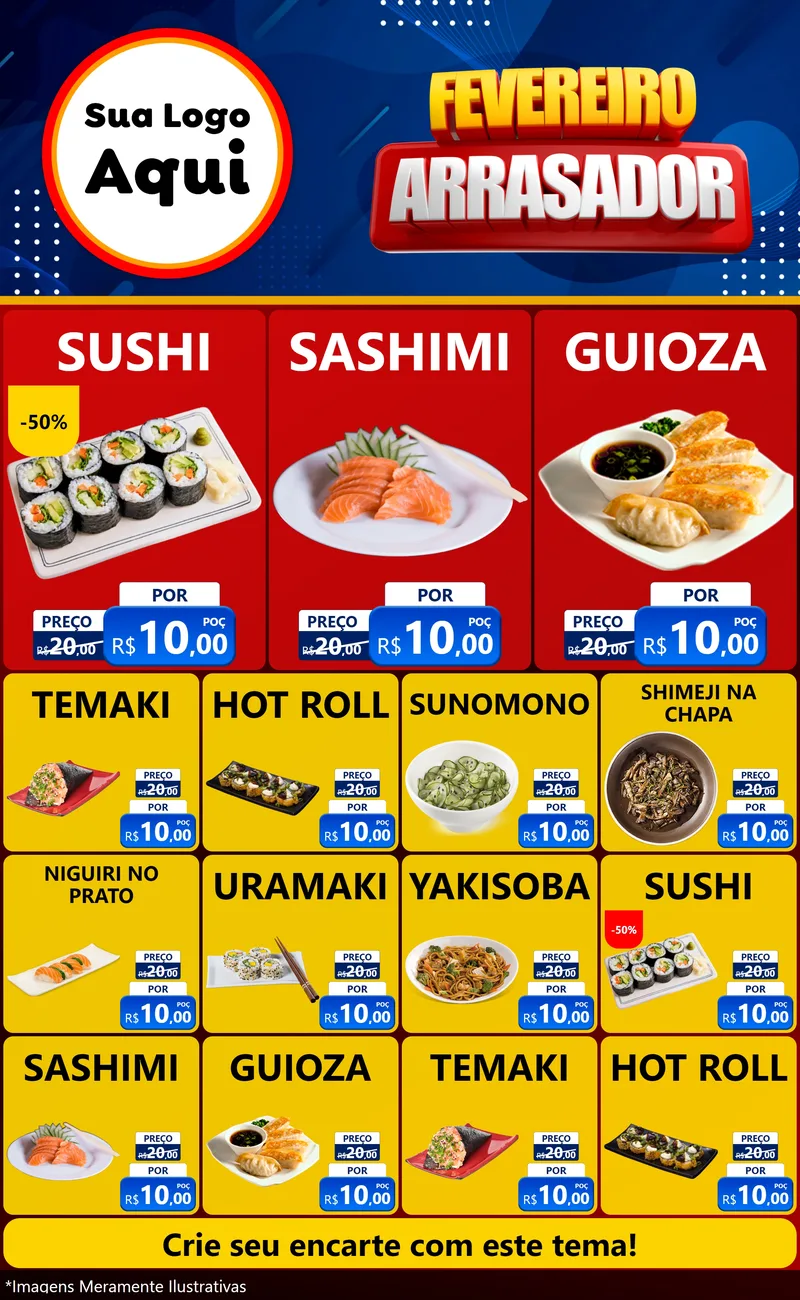 Modelo de Encarte para Encarte Grande com o tema Fevereiro Arrasador para Comida japonesa