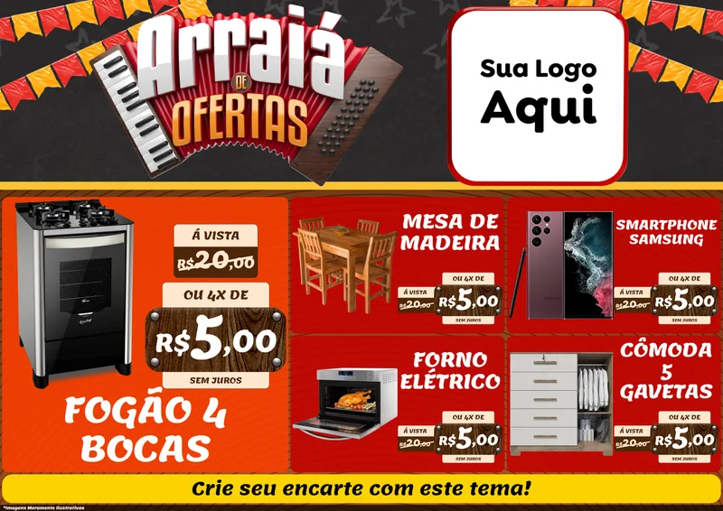 Modelo de Encarte para Encarte A4 Horizontal com o tema Arraiá de Ofertas - Junina para Móveis e Eletro