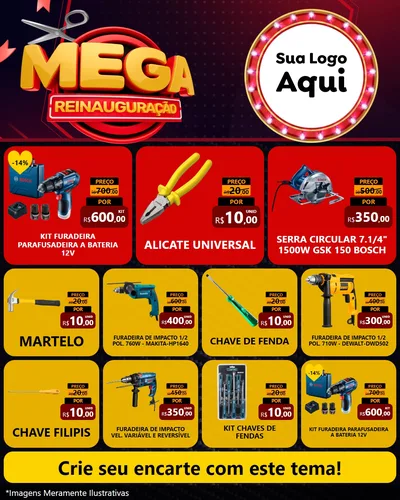 Modelo de Rede Social para Feed Instagram com o tema Mega Reinauguração para Maquinas e Ferramentas
