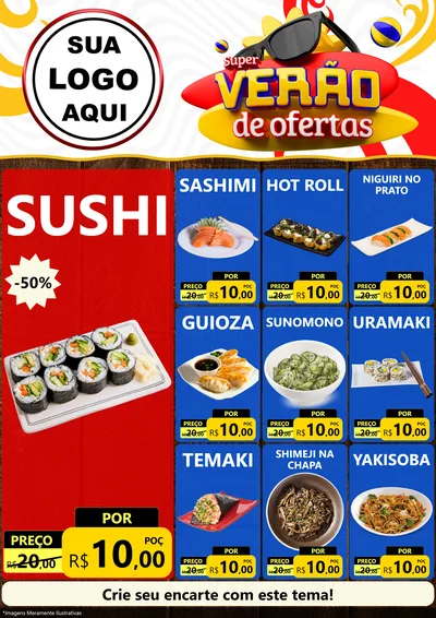 Modelo de Encarte para Encarte A4 Vertical com o tema Super Verão de Ofertas para Comida japonesa
