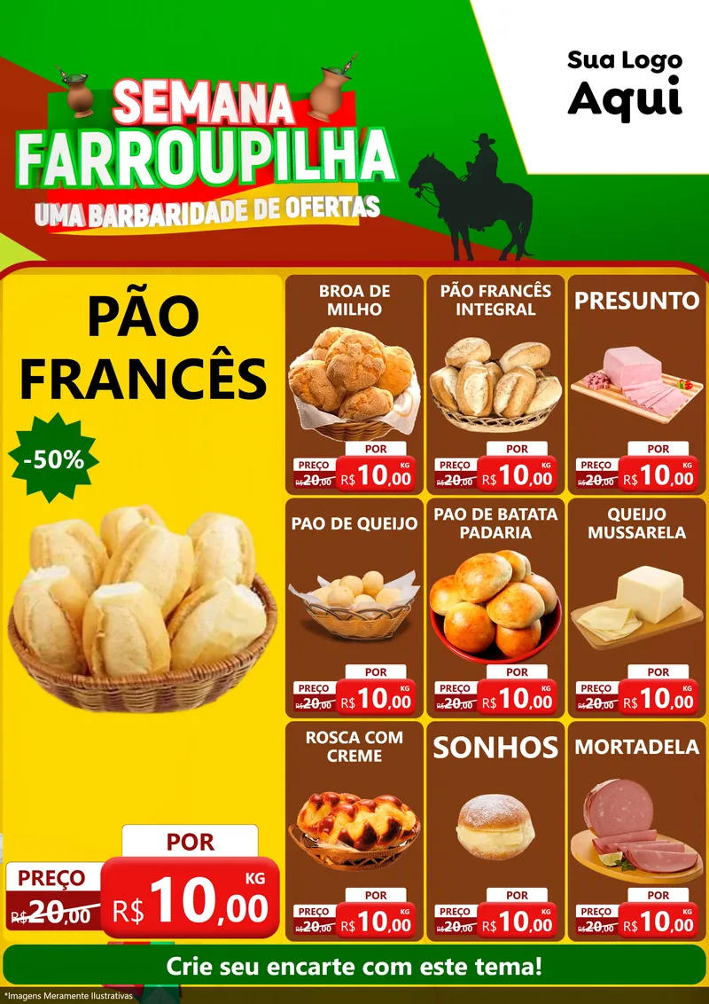 Modelo de Encarte para Encarte A4 Vertical com o tema Semana Farroupilha - Uma Barbaridade de Ofertas para Padaria